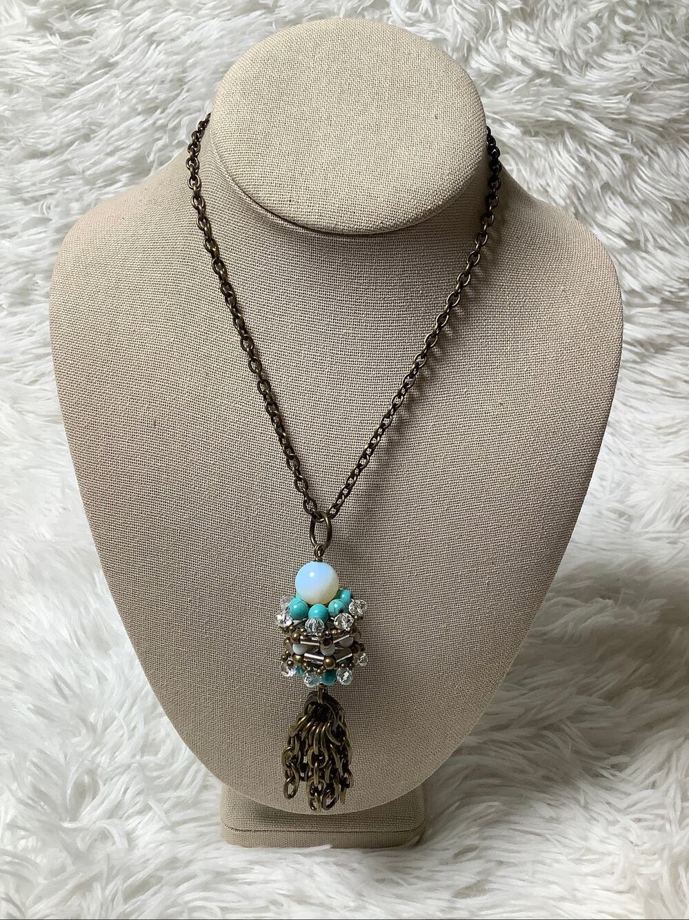 Pam Hiran Vintage Brass Mixed Media Turquoise Pendant Necklace F18-33
